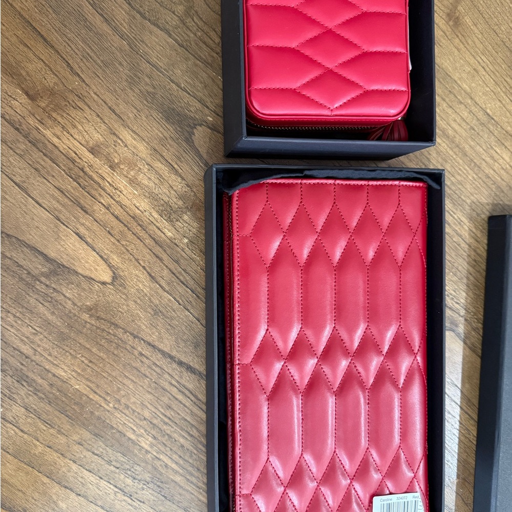 WOLF Caroline Jewelry Travel Set – Red Leather Zip Case & Portfolio – NIB